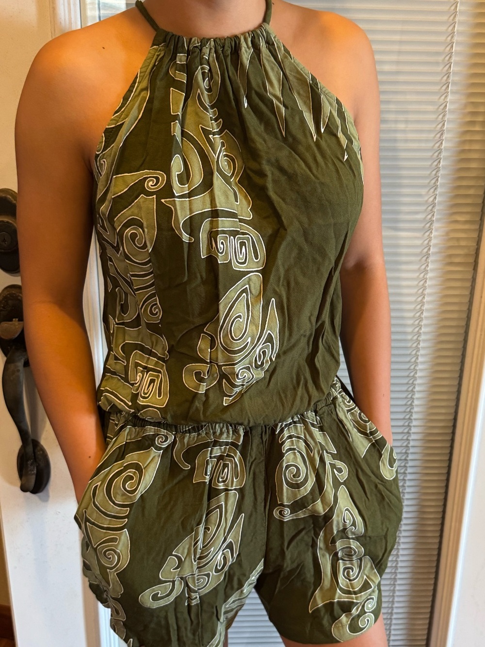 Olive Green Printed Halter romper